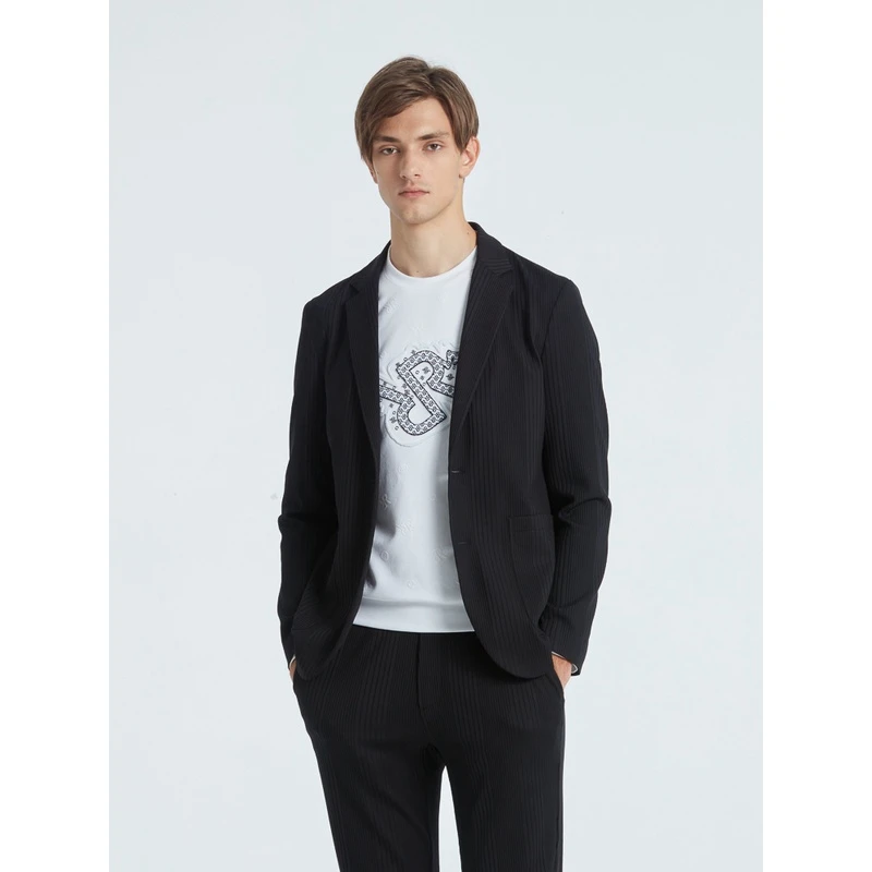 RARE威雅 秋冬 黑色竖条肌理针织西装外套 男士西服