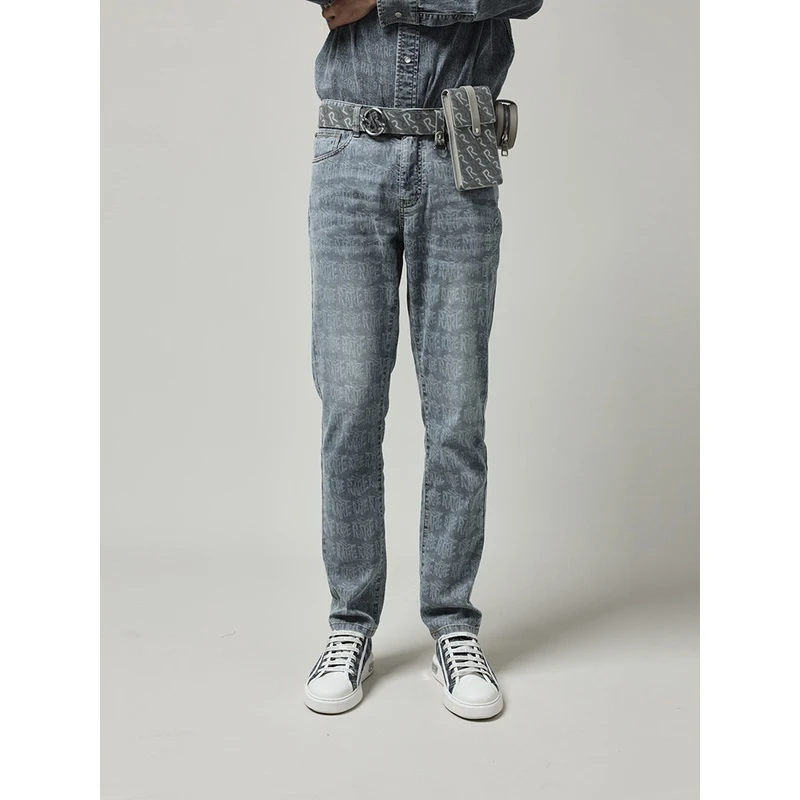 RARE威雅春夏修身版浅蓝色激光Logo牛仔裤男士牛仔裤