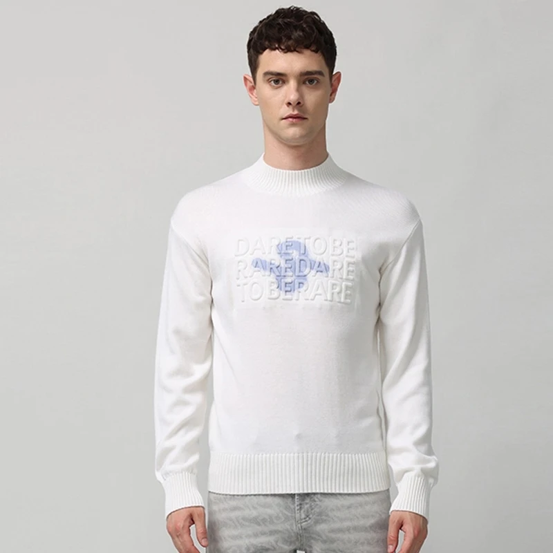 RARE威雅 秋冬 白色立体压印字母圆领长袖毛衫 男士毛衫