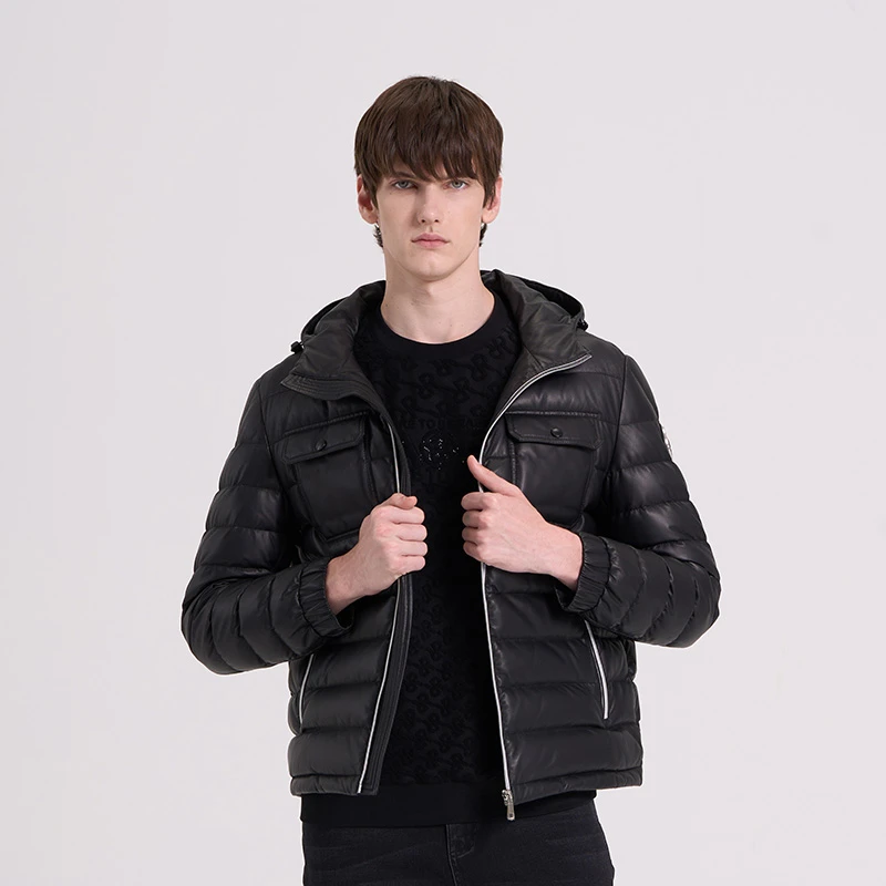 RARE威雅男装秋冬新款连帽时尚保暖黑色羊皮革皮衣羽绒外套