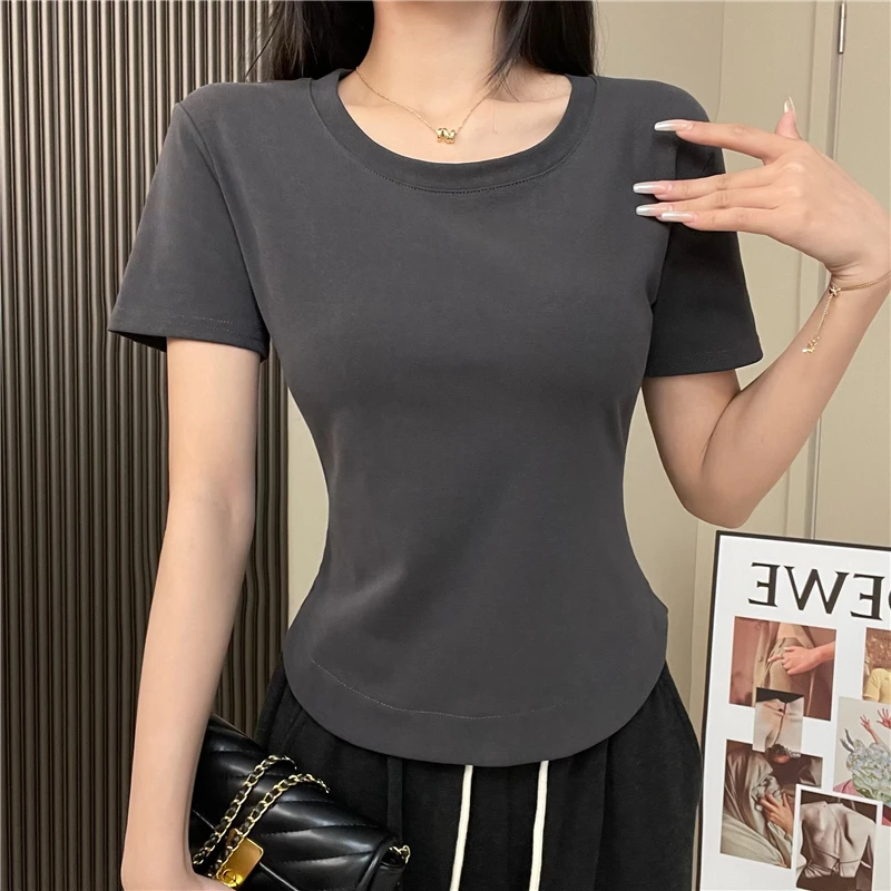【现货】夏季新品简约百搭設計感纯色圆领修身显瘦纯棉短袖打底T