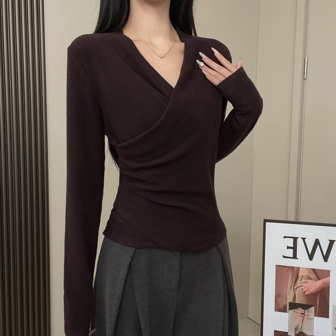 眼月秋冬加绒高级感不规则V领交叉上衣纯色保暖内搭打底衫女