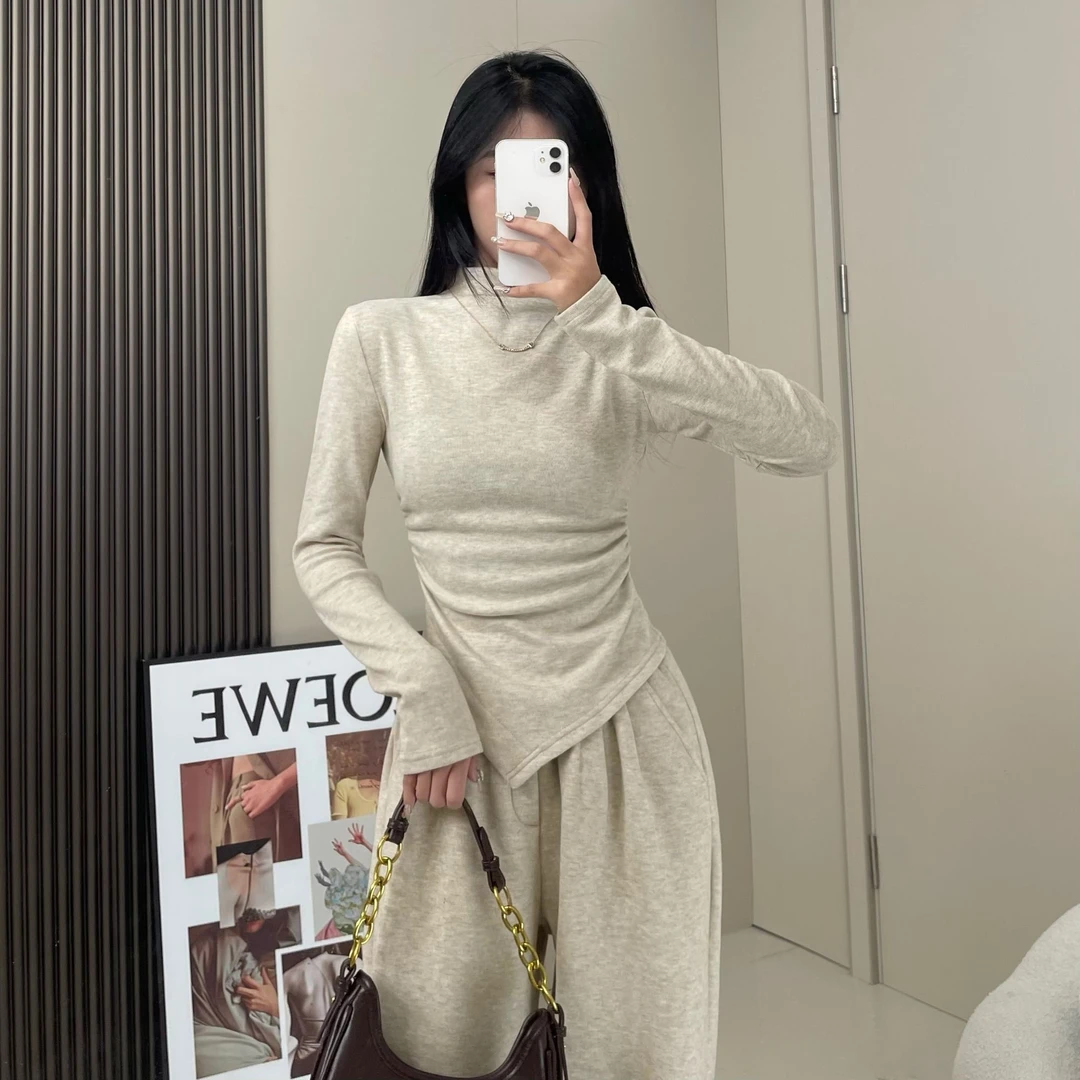 眼月【加绒】纯色显瘦不规则下摆薄绒半高领T恤+高腰薄绒休闲裤