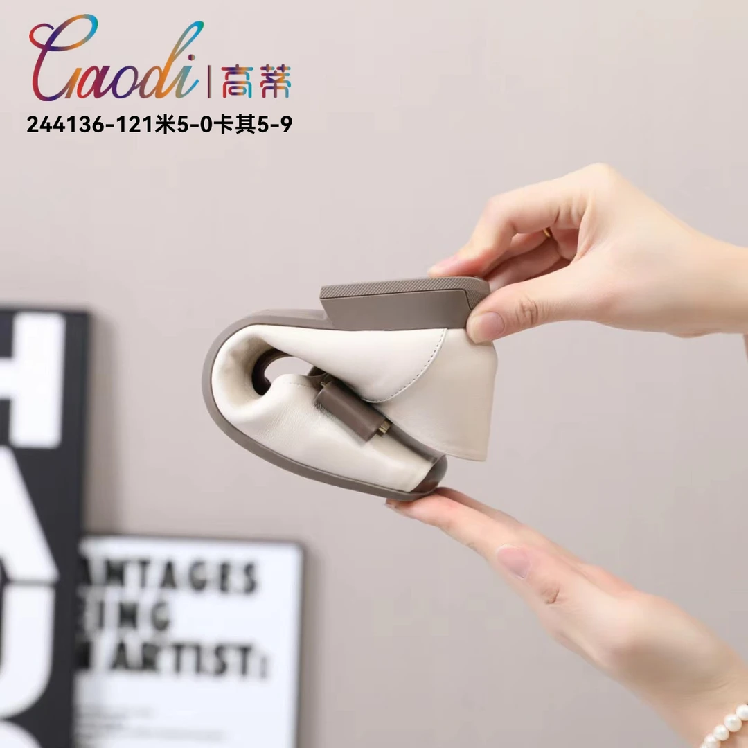 春秋高蒂新款牛皮真皮平跟方头蝴蝶结浅口单鞋244136-121