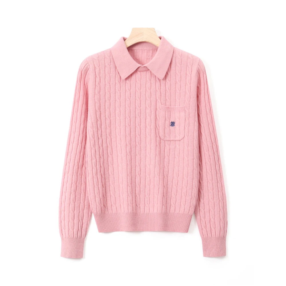 【严选】高级感口袋款翻领刺绣针织衫女2024秋冬新款