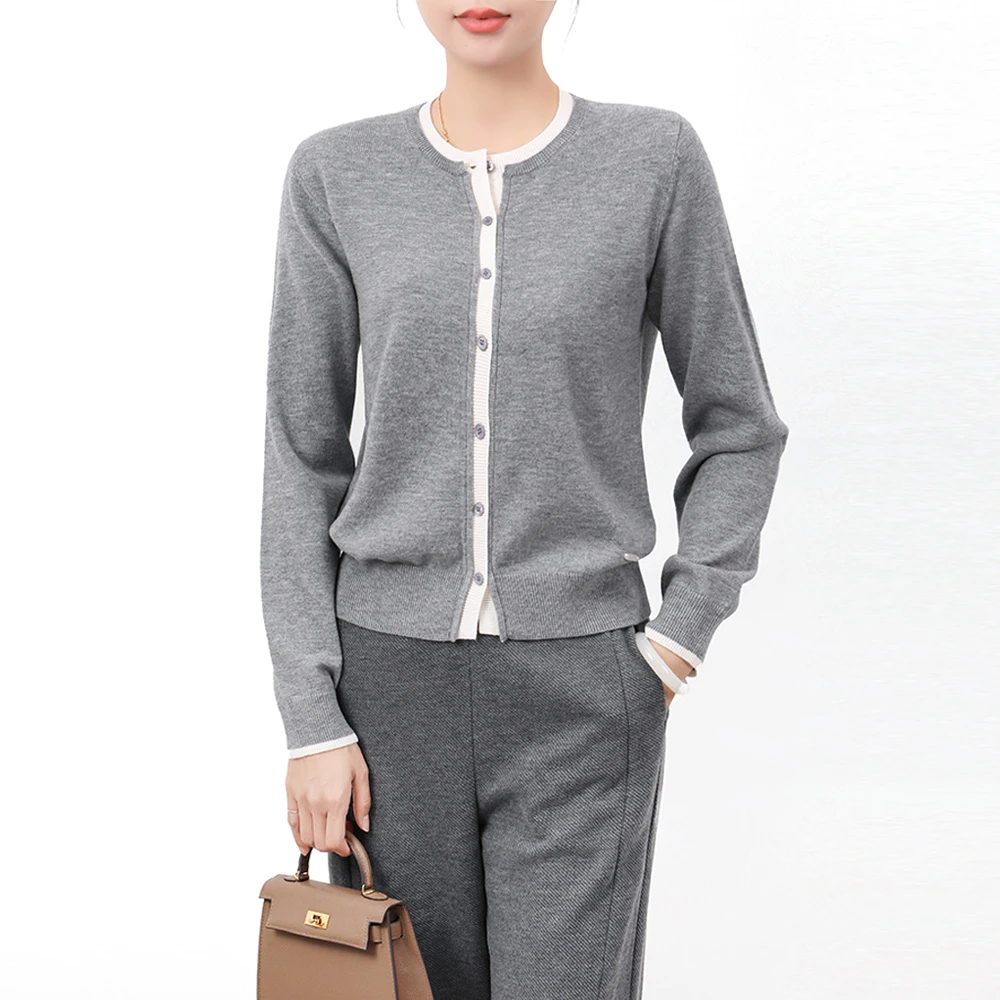100%绵羊毛 春秋新款单排扣休闲百搭针织衫开衫上衣女