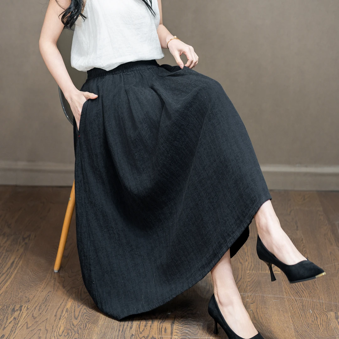 重磅棉麻纯色半身裙中年女士秋季新款长裙中老年妈妈装垂感大摆裙