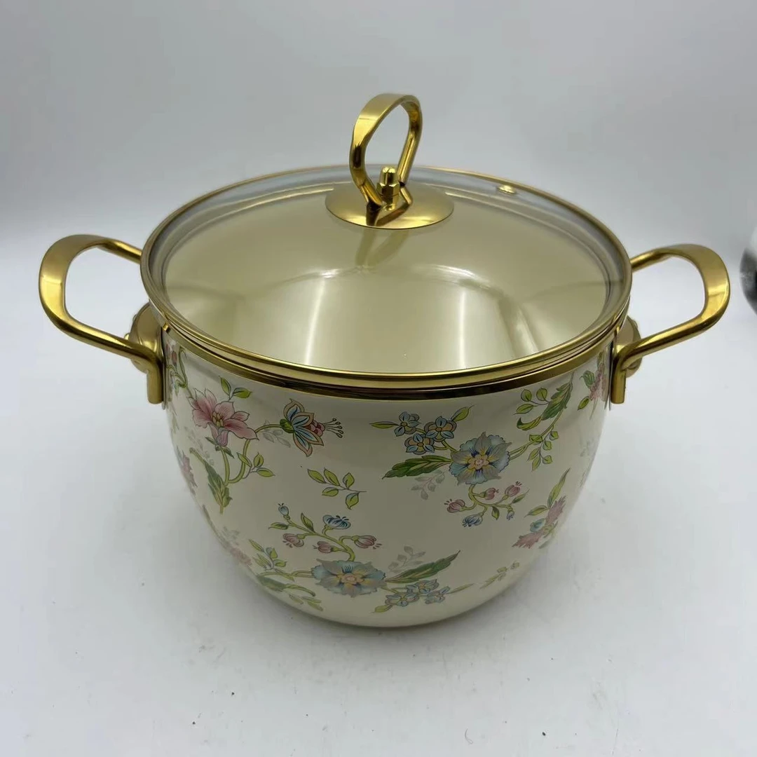 19cm芳香搪瓷深汤锅金边玻璃盖电磁炉明火通用