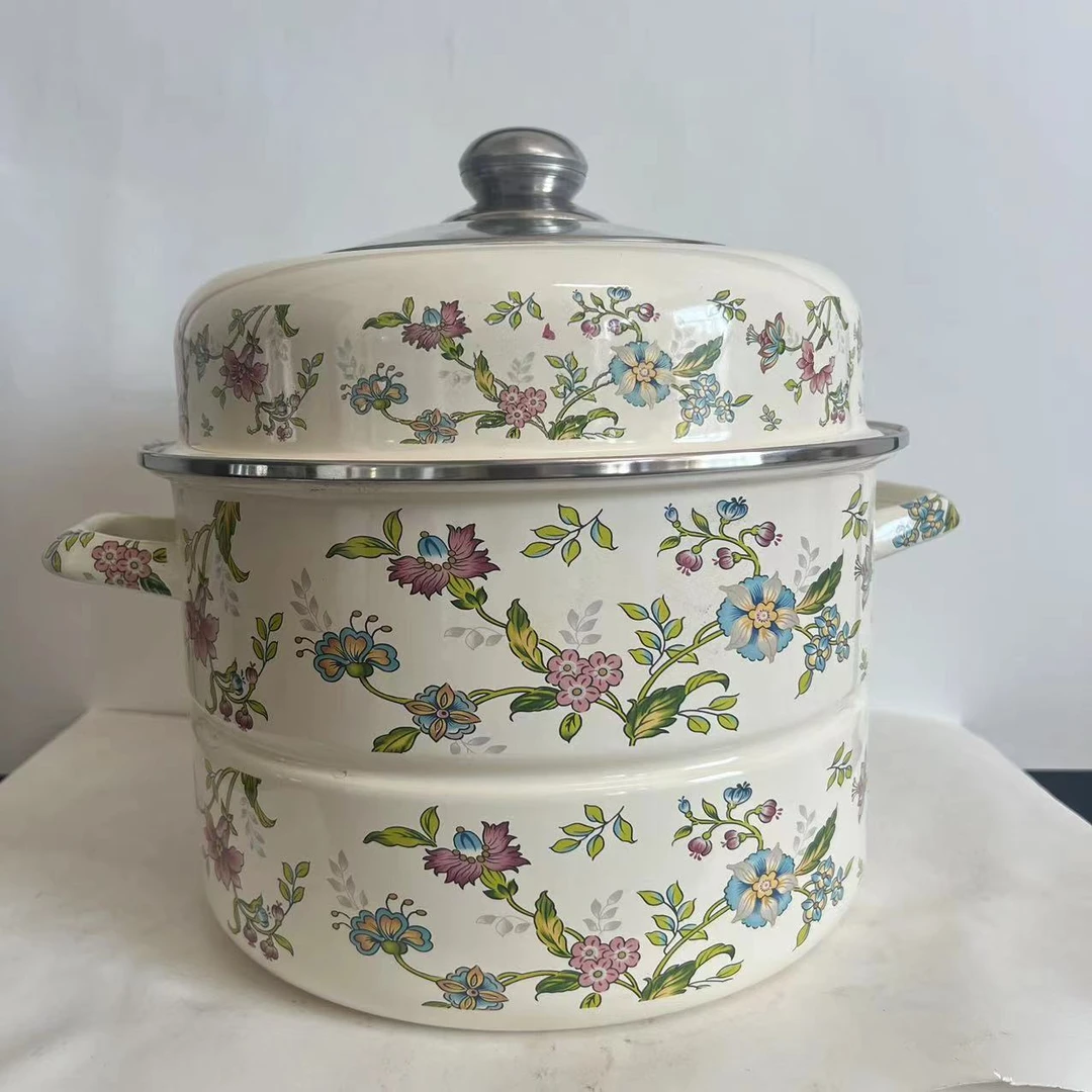 32cm搪瓷芳香双层蒸锅可视盖炖锅煮锅电磁炉明火通用