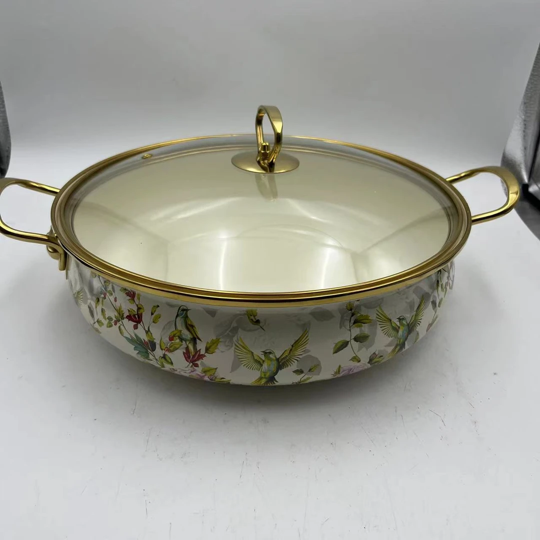 30cm【花鸟】搪瓷珐琅海鲜锅金边玻璃盖电磁炉明火通用