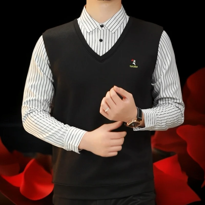 TUCANO/啄木鳥男士假两件秋冬加绒加厚长袖商务衬衫领条纹毛衣