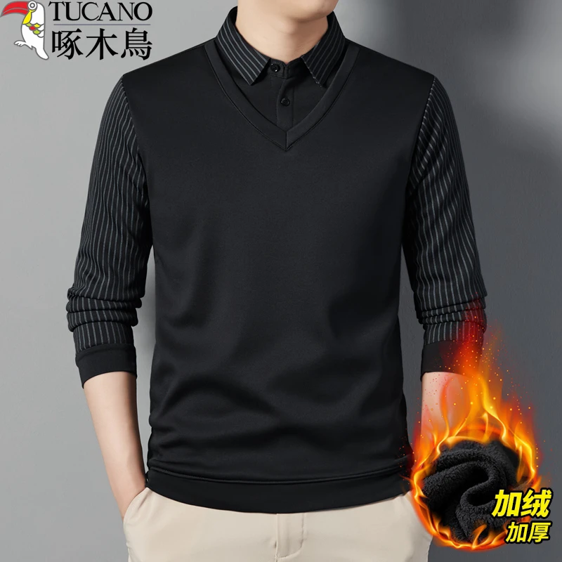 TUCANO/啄木鳥男士长袖假两件上衣高档针织加绒加厚商务时尚休闲