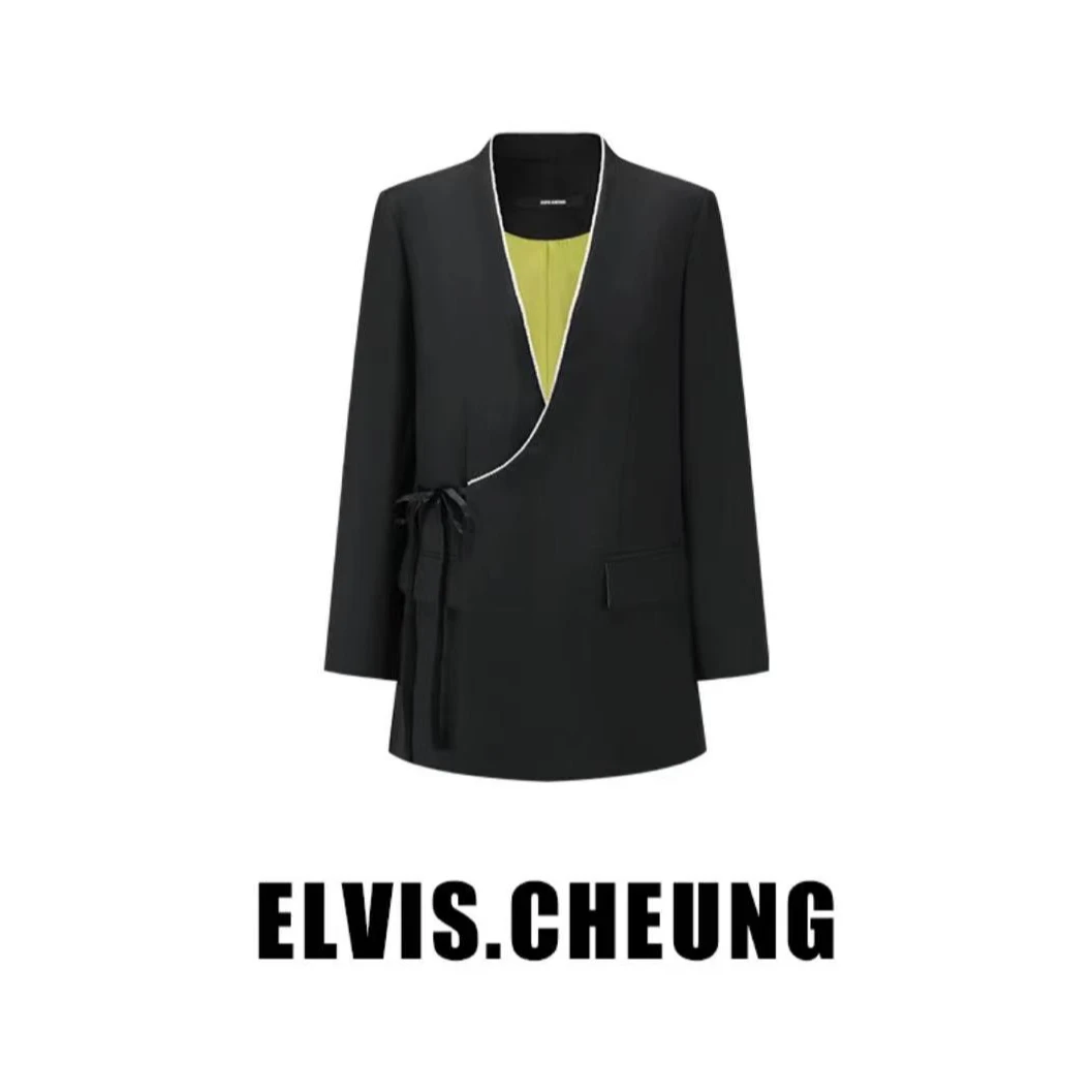 【张羽推荐】ELVIS.CHEUNG开运新中式精纺玄珠绮绒无领系带西装