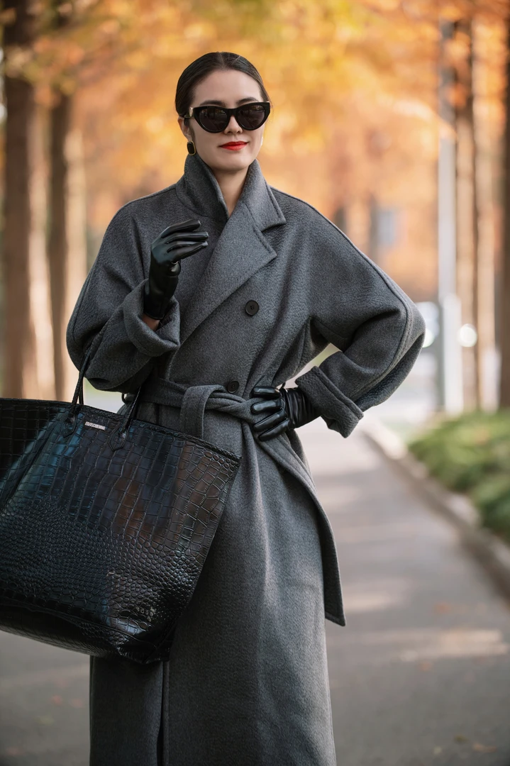 【张羽推荐】设计师品牌JADE玉琼 灰色系腰带长款山羊绒大衣