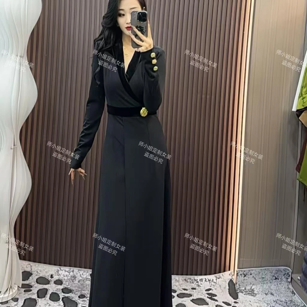 师小姐定制~秋季名媛女神范修身超长连衣裙8902（长137左右）