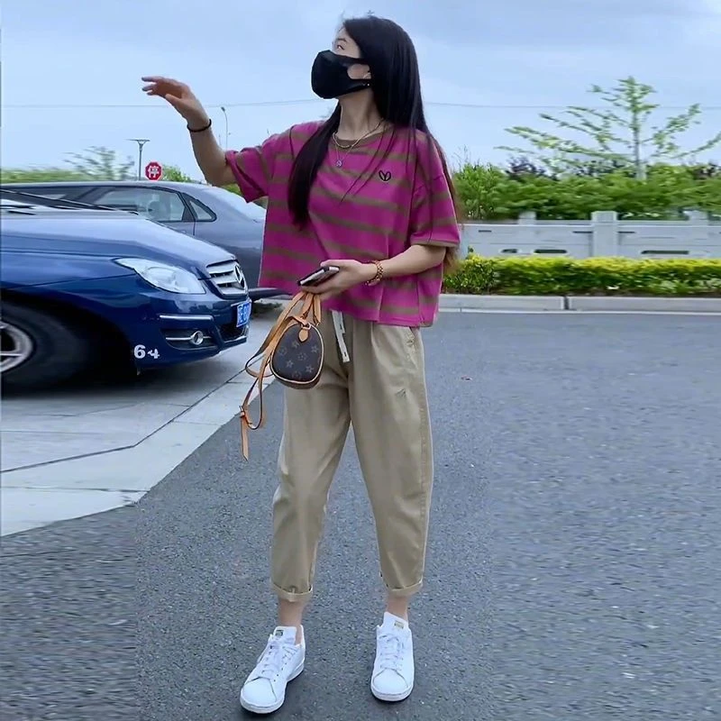 网红爆款套装短袖上衣高腰休闲裤女夏季小个子减龄百搭透气两件套