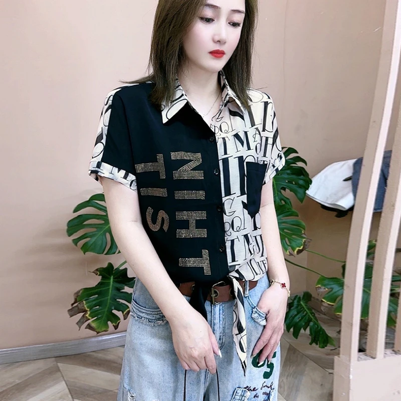 夏季复古字母拼色短袖衬衫女小个子气质显瘦洋气百搭绑带时尚衬衣
