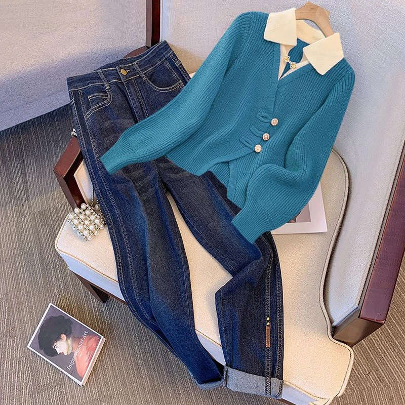 超好看穿搭新中式国风套装女2025春季新款假两件针织衫毛衣牛仔裤