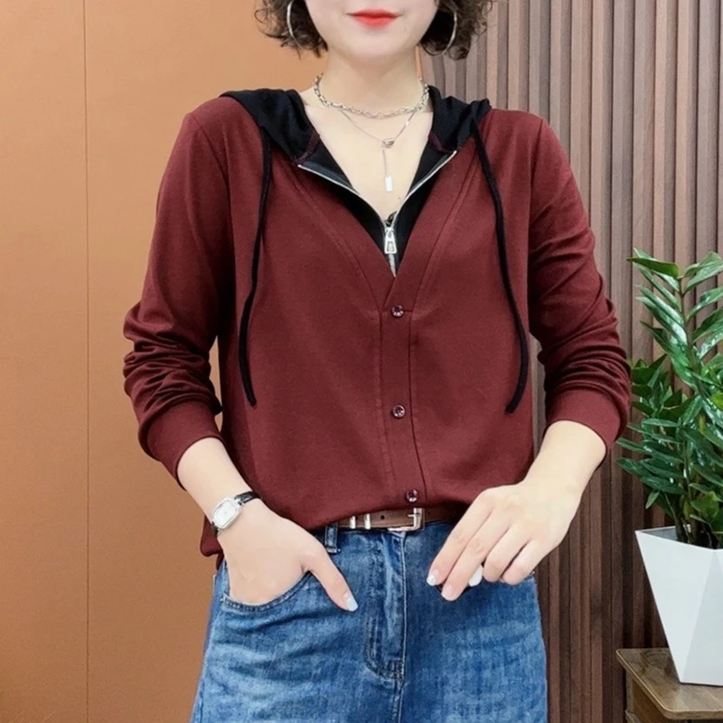 假两件遮肉长袖T恤春季新款连帽拼色卫衣韩版百搭时尚半拉链上衣