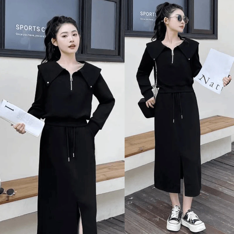 洋气卫衣套装裙女2025春季新款宽松中长款开叉半身裙两件套