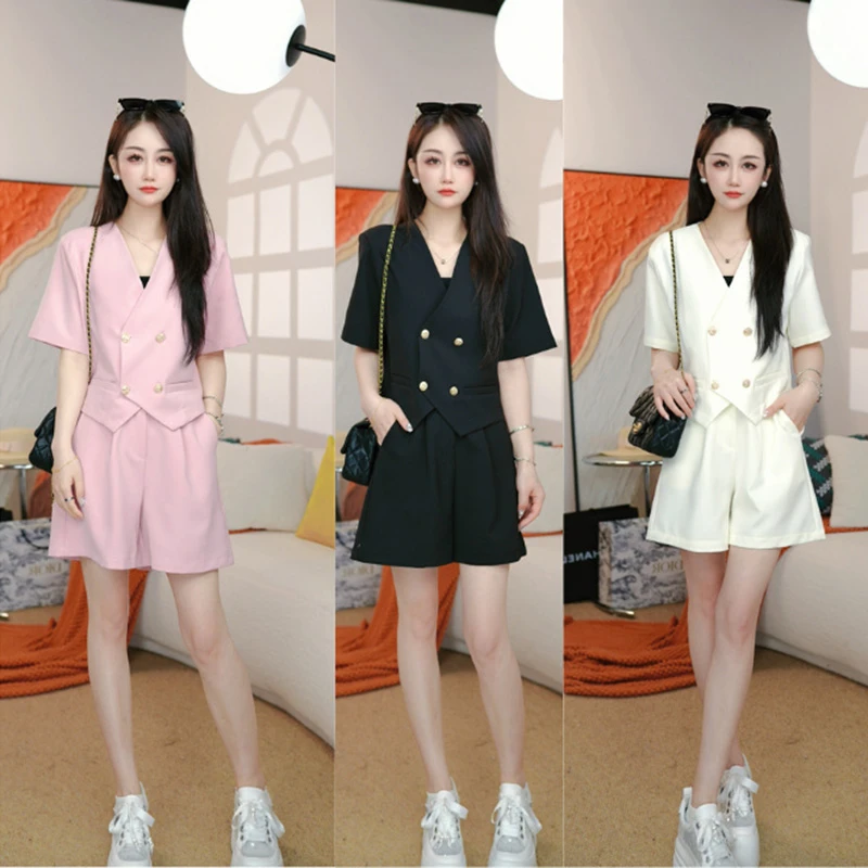 小香风时尚套装女2025夏季新款V领不规则短袖外套阔腿短裤两件套