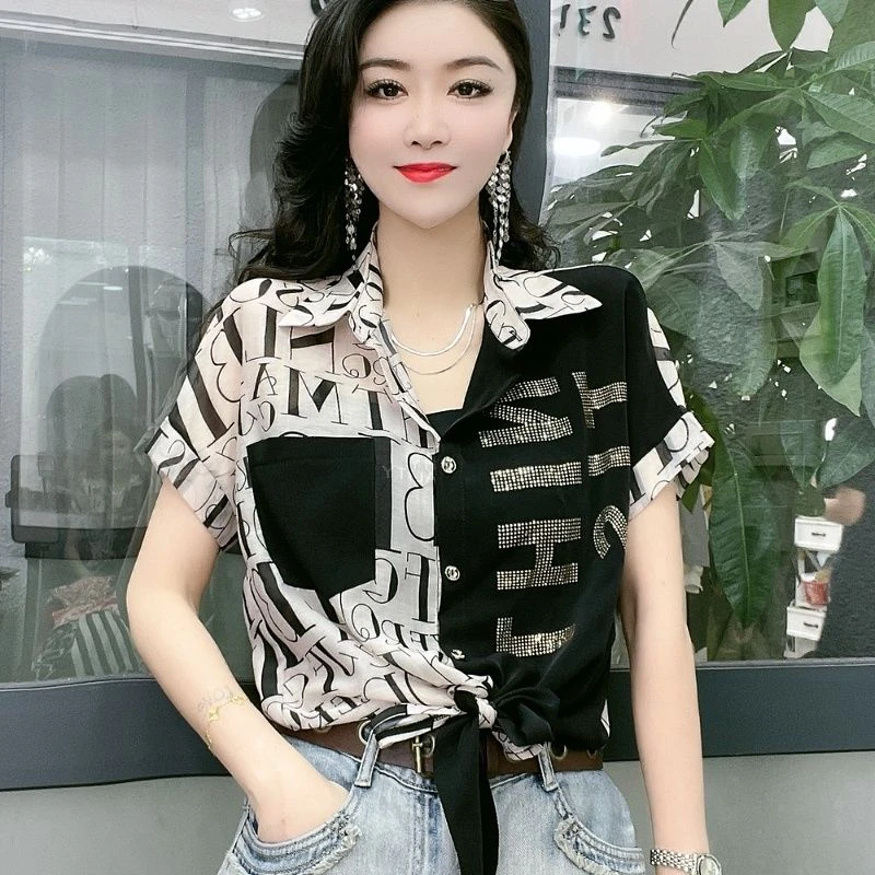 夏季复古字母拼色短袖衬衫女小个子气质显瘦洋气百搭绑带时尚衬衣