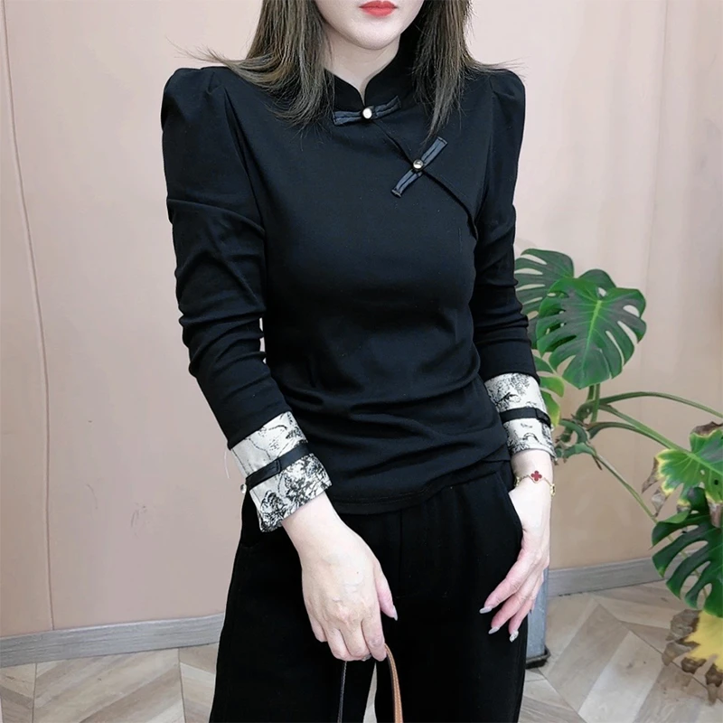 新中式百搭打底衫显瘦休闲国风长袖T恤春季2025新款女设计感上衣