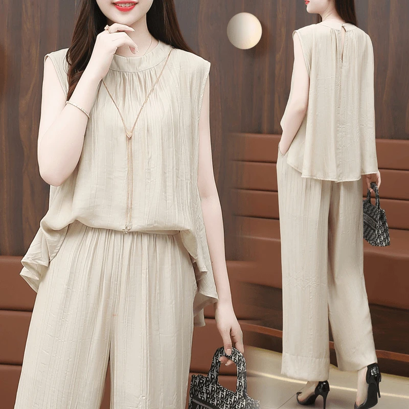 时尚气质舒适套装女士2025夏季新款宽松休闲无袖上衣阔腿裤两件套