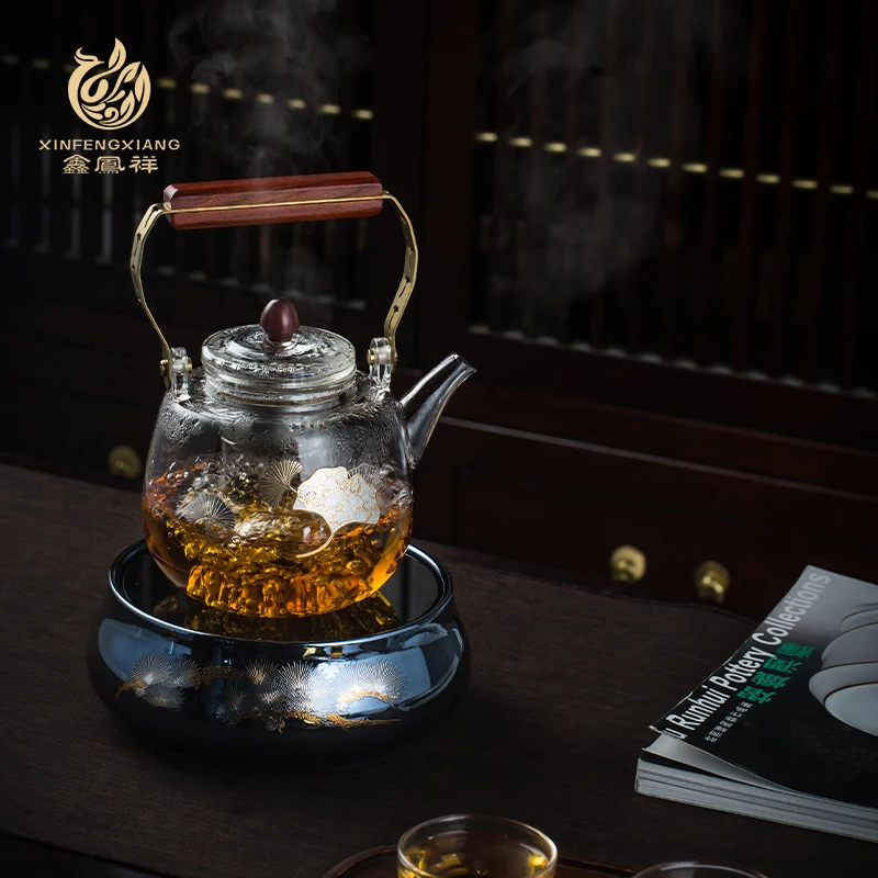 鑫凤祥银杏花茶中式煮茶器蒸茶1000毫升手工耐热加厚实木把手金标