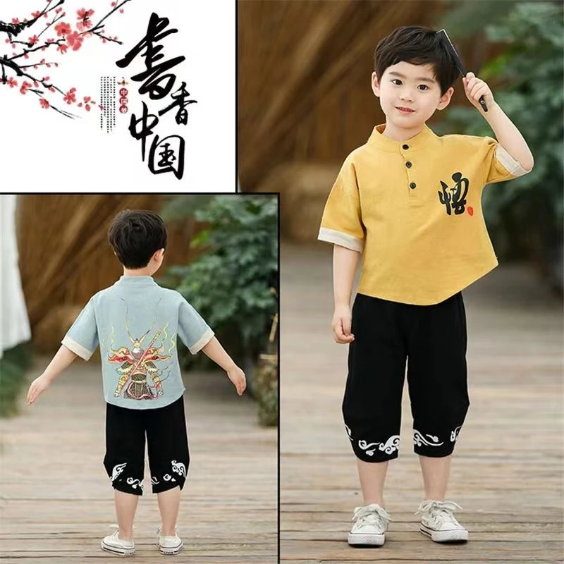 （悟空）夏季中国风卡通男童薄款唐装潮流酷民族风儿童古风套装印花