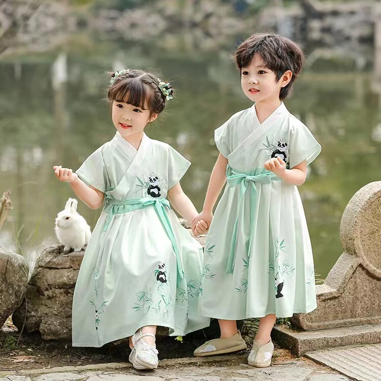 (熊猫宝贝）夏季薄款刺绣汉服唐装中国风男女童国学服古风姐弟装