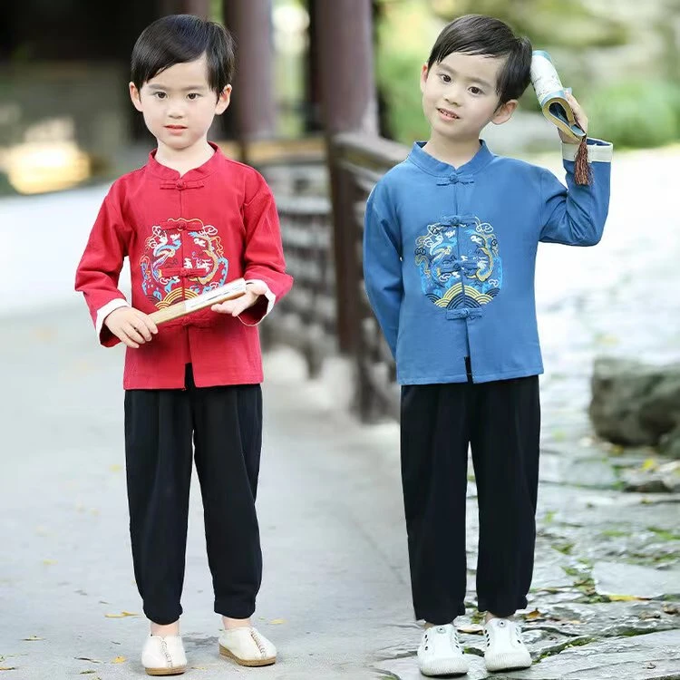 （龙凤印）春秋儿童中国风长袖国学服唐装印花古典套装复古小少爷