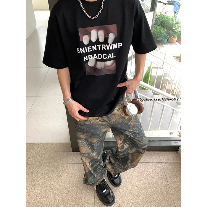 夏季高街宽松t恤男上衣百搭印花ins半袖男士小众欧美街头风圆领t