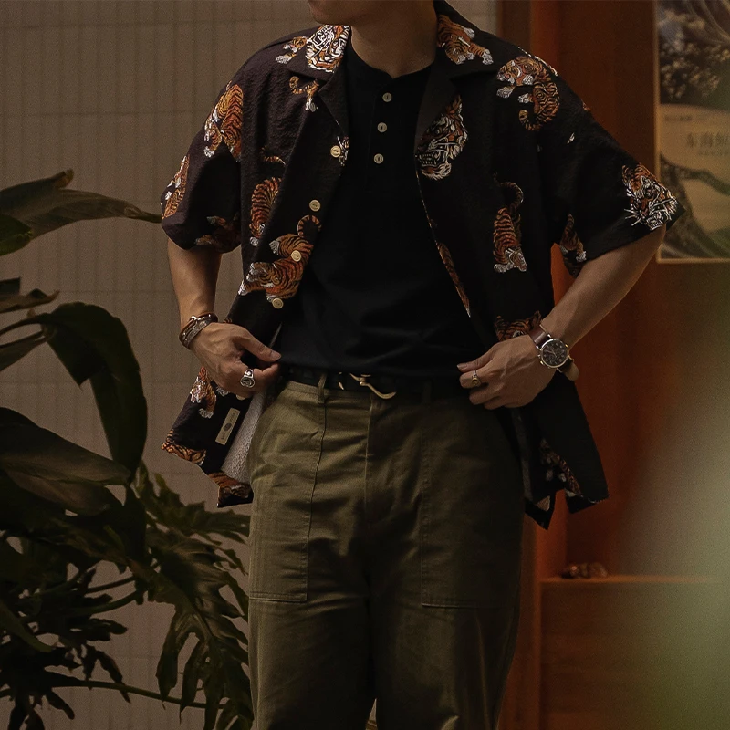 古叔的着 古巴领浮世绘虎头Aloha夏威夷短袖衬衫泡泡纱花衬衣男夏
