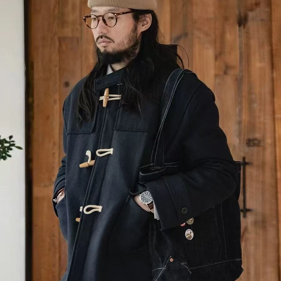 古叔的着 牛角扣羊毛呢子外套男冬季宽松加棉中长款连帽毛呢大衣