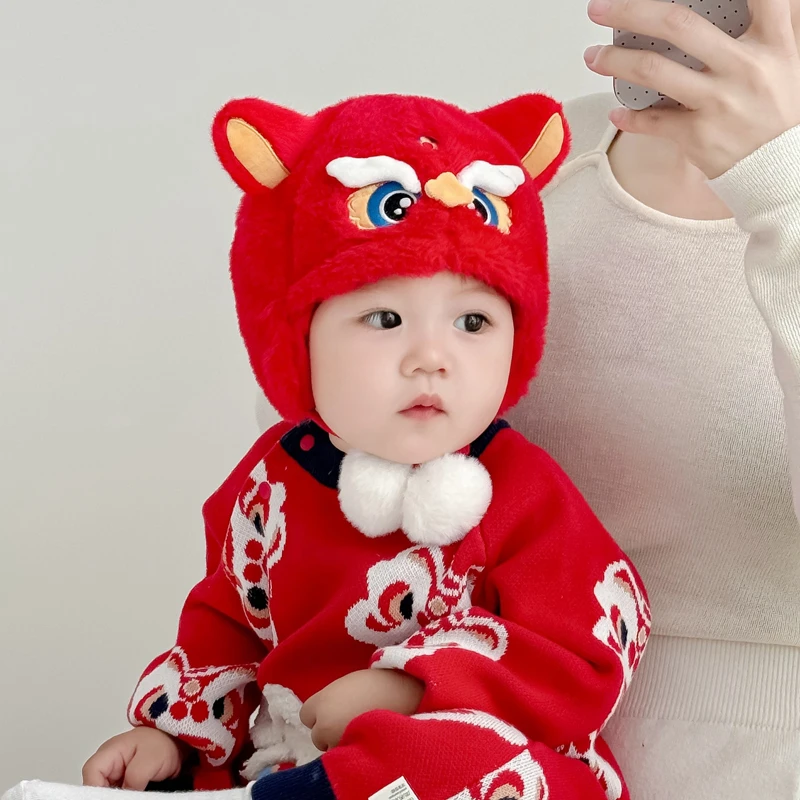 婴儿帽子秋冬季宝宝周岁帽醒狮外出加厚保暖毛线帽喜庆红色过年帽