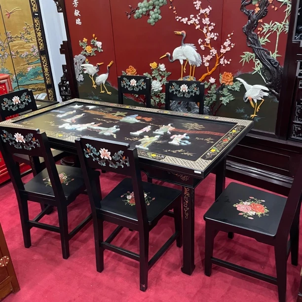 扬州漆器玉石镶嵌手工餐桌组合整装木质中式家居