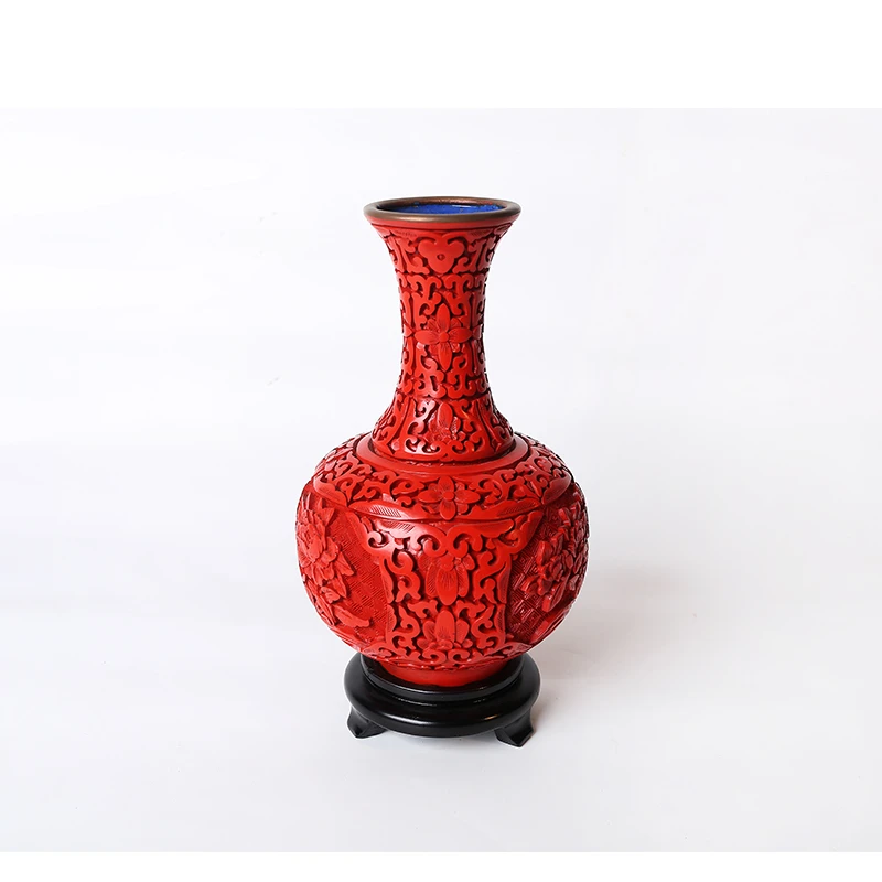 扬州漆器 手工雕漆天球瓶收藏摆件大漆雕刻花卉古典花瓶