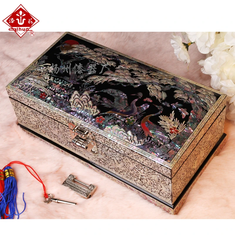 扬州漆器厂漆花嵌贝螺钿首饰盒收纳盒梳妆盒送女友结婚生日礼物
