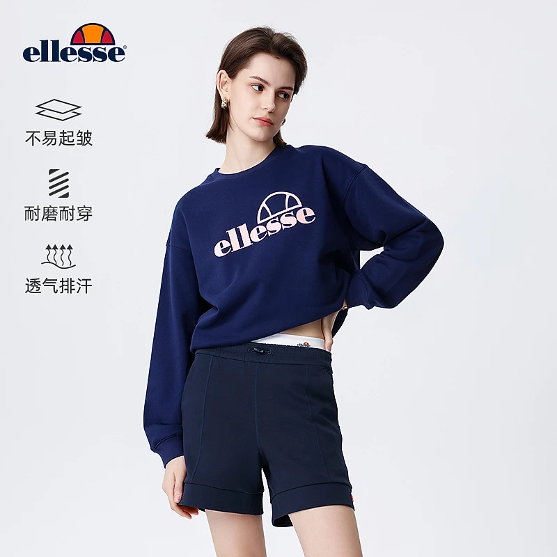 Ellesse运动休闲百搭长袖卫衣宽松微落肩螺纹拼接圆领印花卫衣