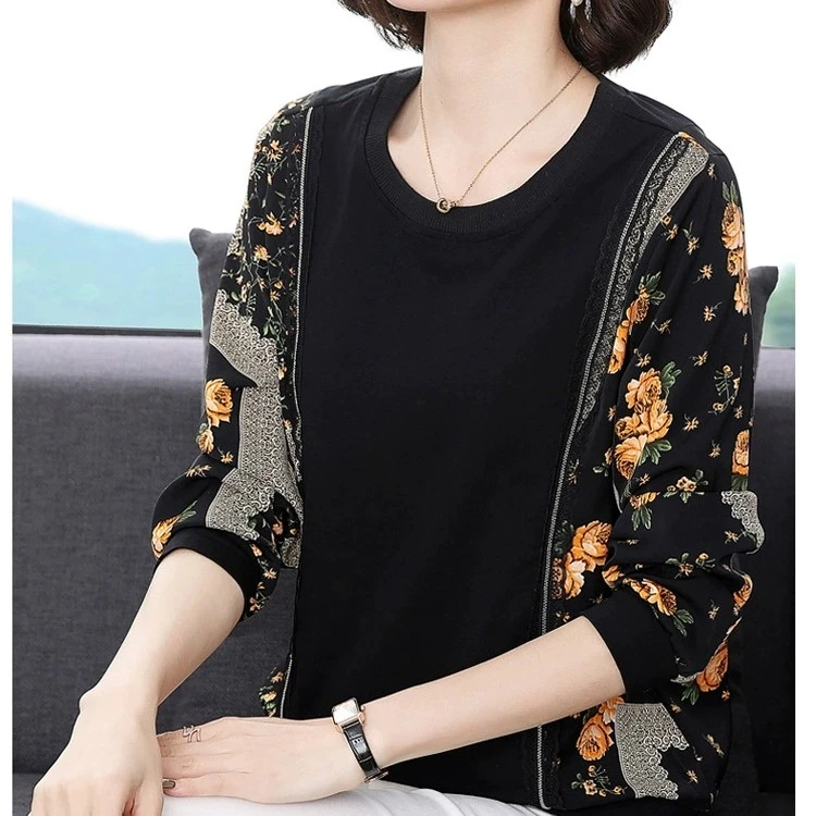 棉花朵印花长袖打底衫女宽松插肩棉上衣2023春秋撞色t恤气质休闲