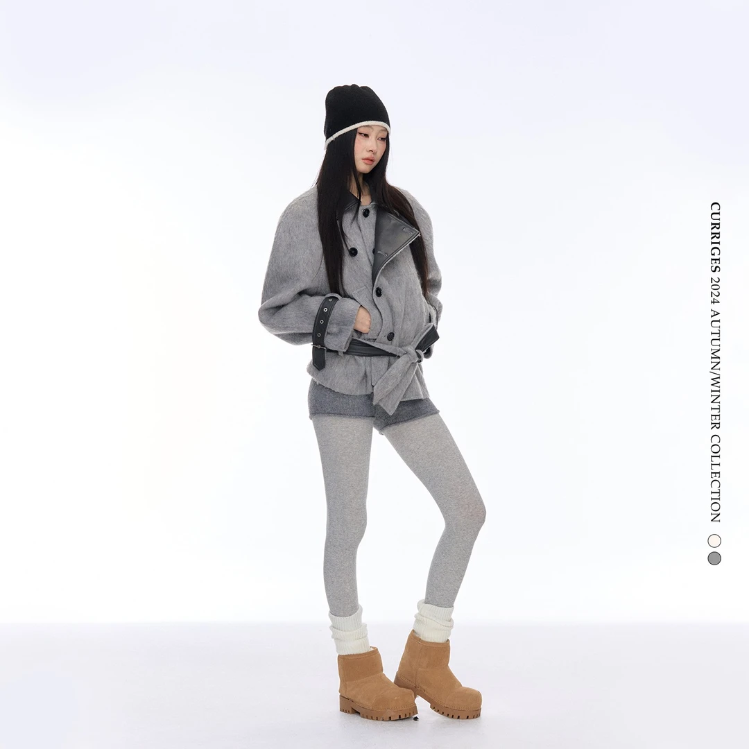 Curriges 冬季新款辣妹复古修身设计感宽松短款毛绒呢大衣外套女