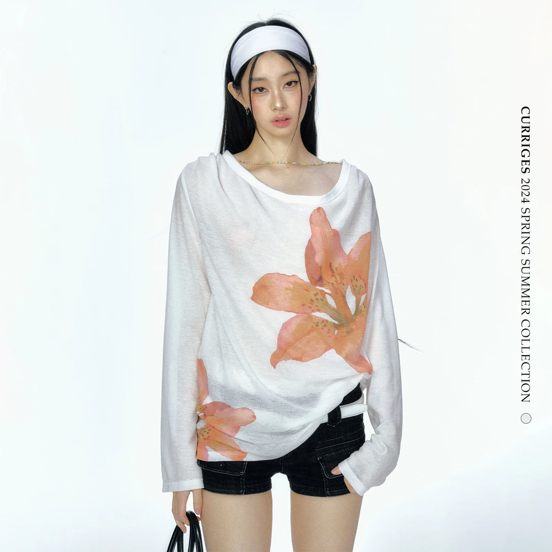 【Curriges 5月31日新品】夏季设计感花朵印花薄款长袖T恤上衣女