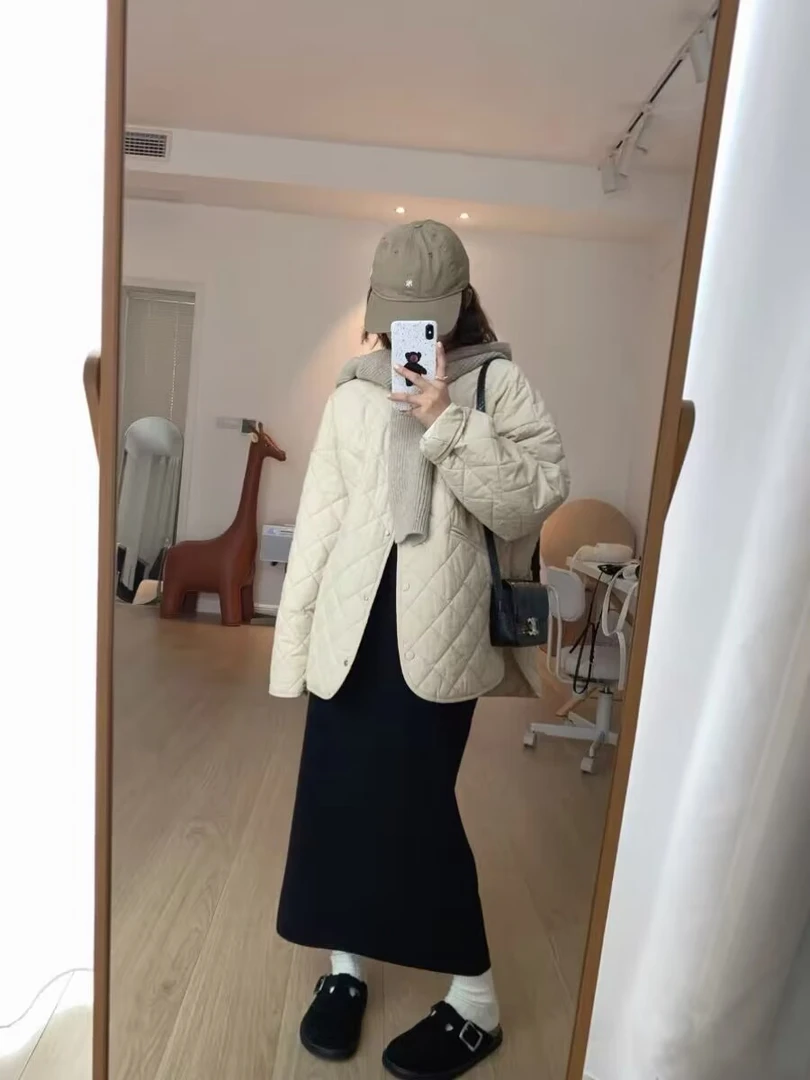 200斤加绒大码女装百搭保暖冬季韩版菱形棉衣休闲时尚棉服小香风