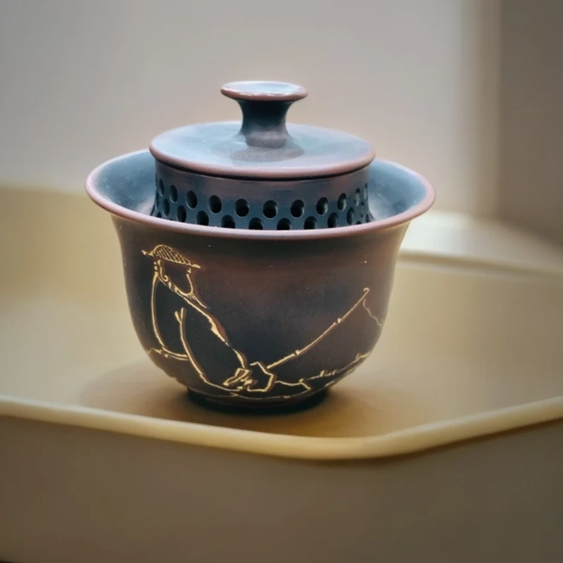 钦州坭兴陶禅意手抓盖碗 家用茶碗 紫陶居家盖碗 旅行快客泡茶壶