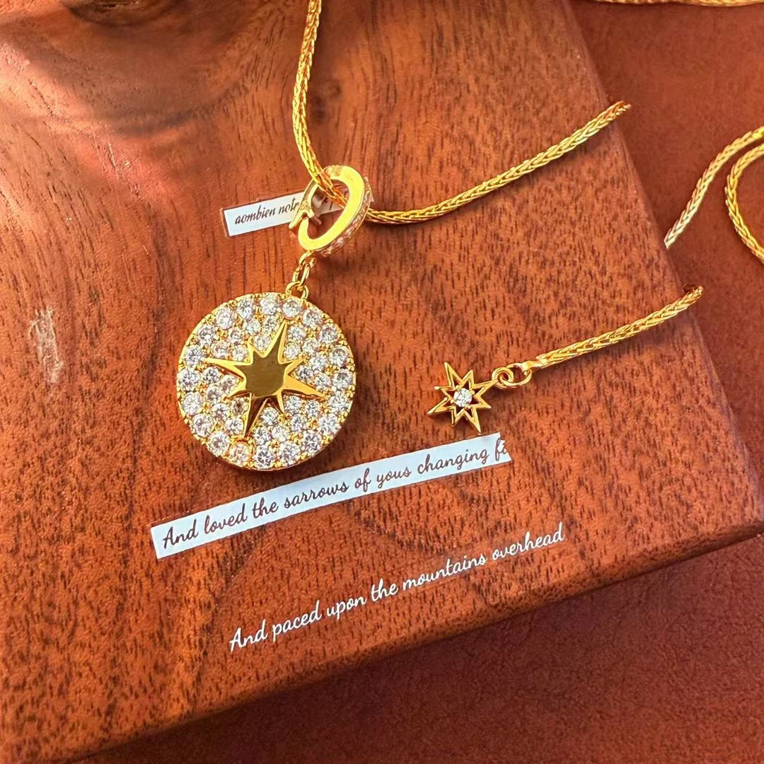 铜合金项链 IVAN《旅途》罗盘圆形镶钻八芒星项坠锁骨链A8126