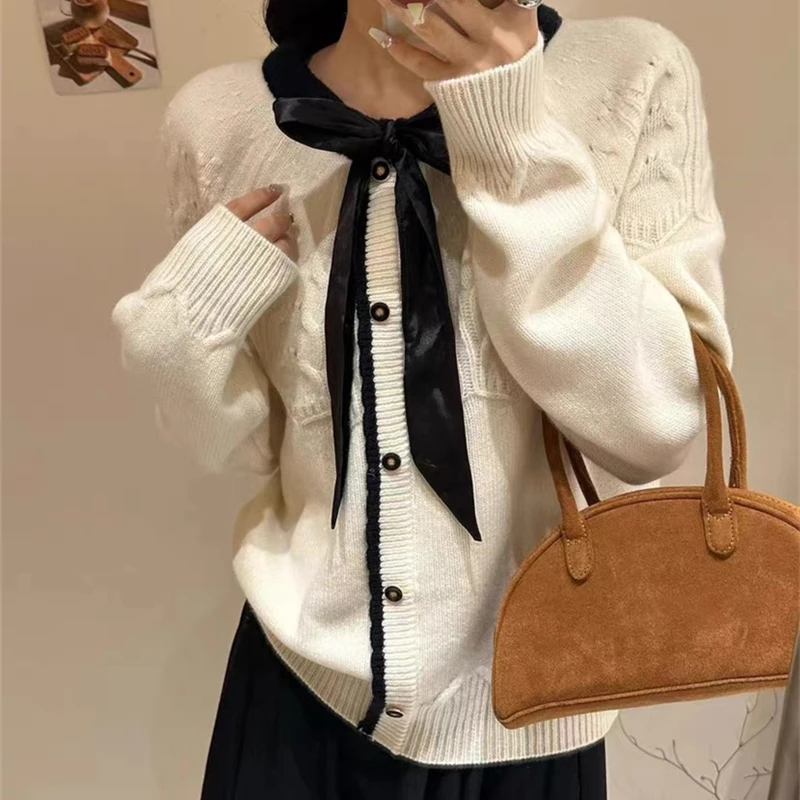 2023秋冬新款欧货法式休闲系带蝴蝶结长袖针织衫条纹气质女上衣