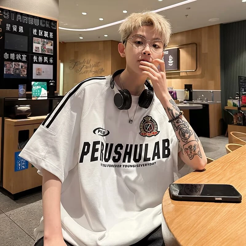 美式短袖t恤男2024夏季重磅纯棉痞帅圆领半袖潮牌宽松痞帅体恤衫