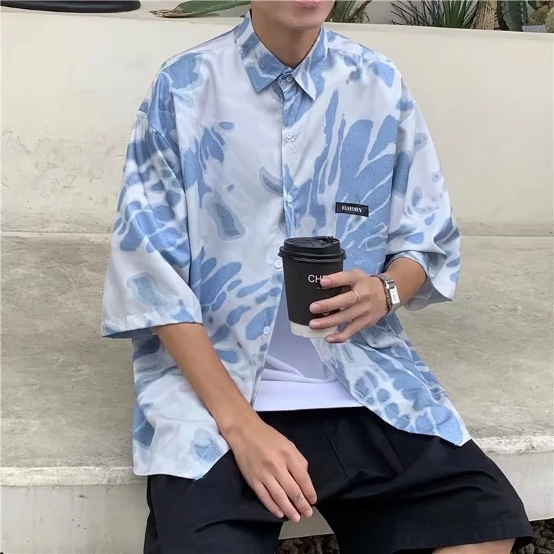 扎染冰丝短袖衬衫男夏季潮流休闲5分袖衬衣上衣服男生外套寸衫潮