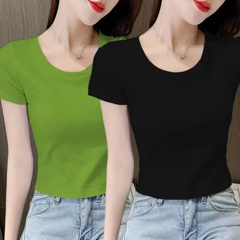 高档短款露脐女士t恤短袖修身女打底衫洋气夏装高腰百搭显瘦上衣